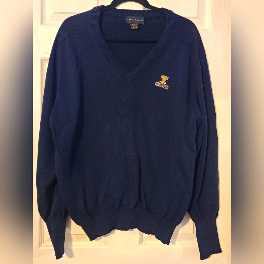 Vtg Izod Club Blue Sweater World Cup Of Golf Kiawah Island Egyptian Cotton Large